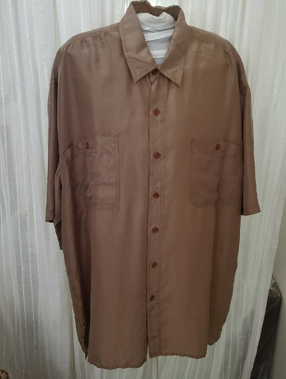 Oleg Cassini Classic Silk Mens Xl Short-Sleeve Button-Up Shirt in Brown Pockets